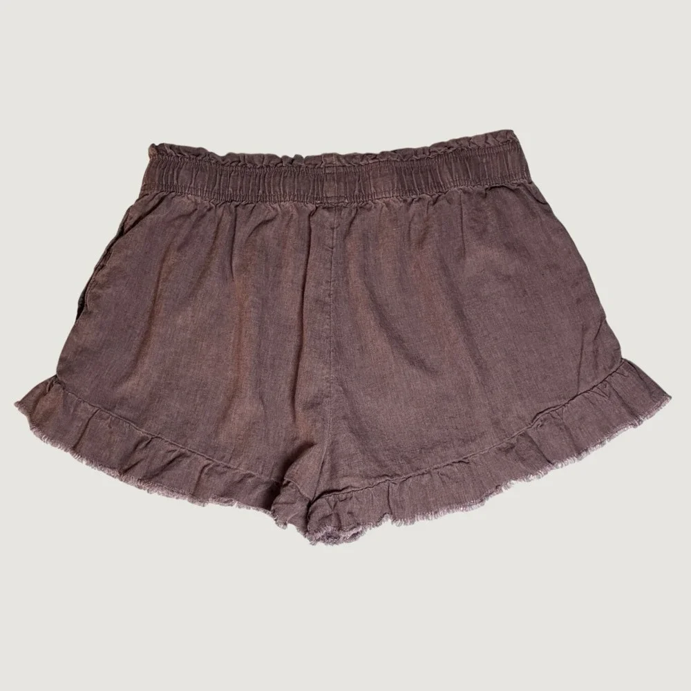 Aerie Linen Blend Ruffle Hem Shorts Large Brown High Rise Coastal Cottagecore